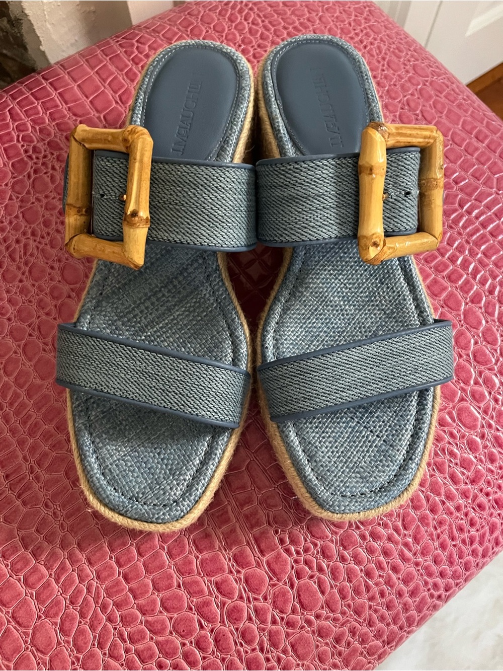 J. McLaughlin Blue Denim Espadrille Slide with Bamboo Accent